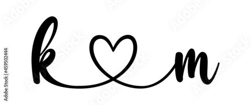 km, mk, letters with heart Monogram, monogram wedding logo. Love icon, couples Initials, lower case, connecting HEART, home decor,