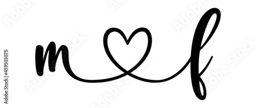 mf, fm, letters with heart Monogram, monogram wedding logo. Love icon, couples Initials, lower case, connecting HEART, home decor,