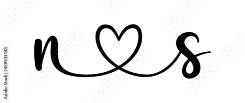 ns, sn, letters with heart Monogram, monogram wedding logo. Love icon, couples Initials, lower case, connecting HEART, home decor,