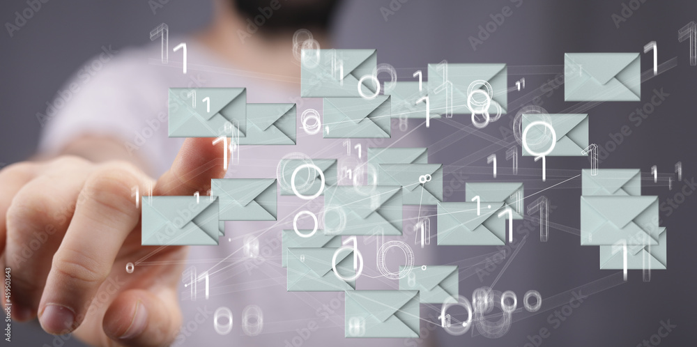 Hand holding using mobile phone with email icon on screen. Concept of business communication Hand holding using mobile phone with email icon on screen. Concept of business communication