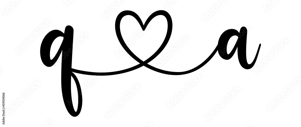 qa, aq, letters with heart Monogram, monogram wedding logo. Love icon, couples Initials, lower case, connecting HEART, home decor,