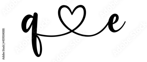 qe, eq, letters with heart Monogram, monogram wedding logo. Love icon, couples Initials, lower case, connecting HEART, home decor,