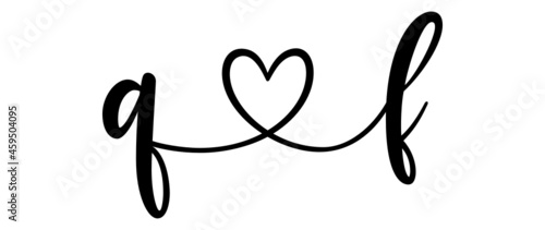 qf, fq, letters with heart Monogram, monogram wedding logo. Love icon, couples Initials, lower case, connecting HEART, home decor,
