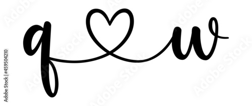 qw, wq, letters with heart Monogram, monogram wedding logo. Love icon, couples Initials, lower case, connecting HEART, home decor,