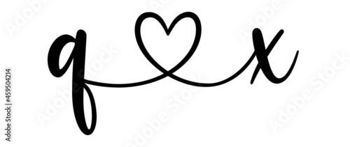 qx, xq, letters with heart Monogram, monogram wedding logo. Love icon, couples Initials, lower case, connecting HEART, home decor,