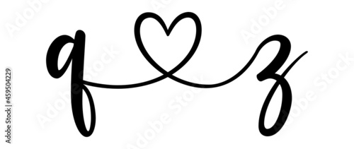 qz, zq, letters with heart Monogram, monogram wedding logo. Love icon, couples Initials, lower case, connecting HEART, home decor,