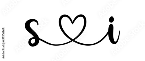 si, is, letters with heart Monogram, monogram wedding logo. Love icon, couples Initials, lower case, connecting HEART, home decor,