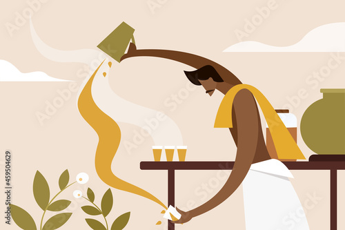 A street tea vendor prepares tea in south Indian traditional style