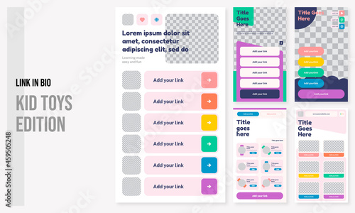 Set of editable social media instagram link in bio kids, bio link baby & toys with playful design vector template ai & eps 10
