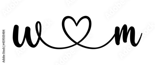 wm, mw, letters with heart Monogram, monogram wedding logo. Love icon, couples Initials, lower case, connecting HEART, home decor,