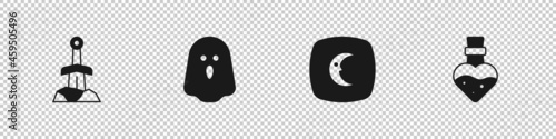 Set Sword in the stone, Ghost, Moon and stars and Bottle with potion icon. Vector