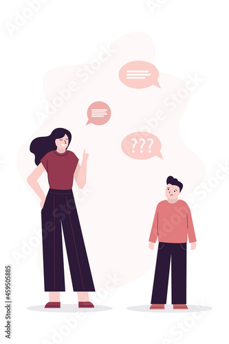Cartoon mother talking with son. Family communicate with each other. Sad boy telling woman. People discussing problem. Family with speech bubble