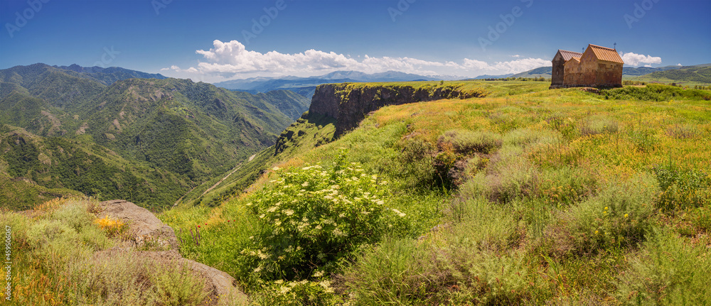 Panorama of Surb Nshan or Two Churches - located on the edge of a high cliff with deep Debed river gorge below. Sightseeing in Armenia