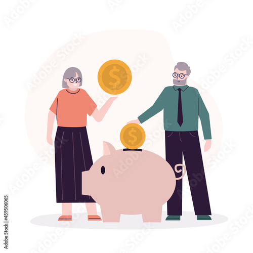 Old people throwing gold coins into piggy bank. Elderly couple save or hoard money. Concept of investment, banking and finance management. Bank Deposit, savings accumulation.