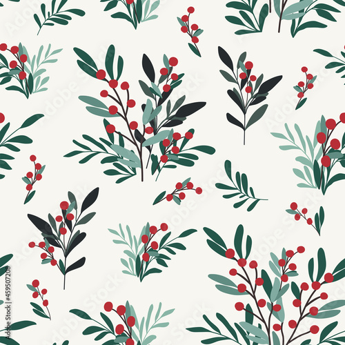 Christmass botanical seamless pattern. Branches, leaves and berries. Cute and colorful vector illustration for background, gift card, wrapping paper, textile, stationery and any surface design