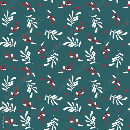 Christmass botanical seamless pattern. Branches, leaves and berries. Cute and colorful vector illustration for background, gift card, wrapping paper, textile, stationery and any surface design