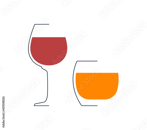 Red wine and whiskey glass in minimalist linear style. Contour of glassware on left side in form of fine black line. Drink is depicted in form of shape with colored fill. Isolated image on white.
