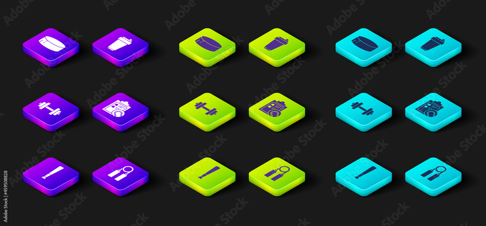 Set Baseball bat, Sport expander, Dumbbell, Checklist clipboard tennis, Fitness shaker and Hockey puck icon. Vector Set Baseball bat, Sport expander, Dumbbell, Checklist clipboard tennis, Fitness shaker and Hockey puck icon. Vector