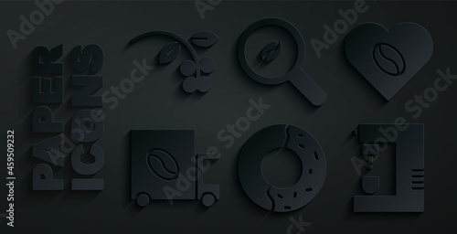 Set Donut with sweet glaze, Coffee Lovers, street truck machine, Selection coffee beans and bean, branch icon. Vector