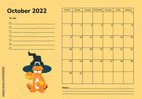 Horizontal planner 2022 with tiger. October calendar page. Organizer scheduler vector template. Wall desk table corporate calendar. Week starts on Sunday. Halloween party celebration. Witch hat