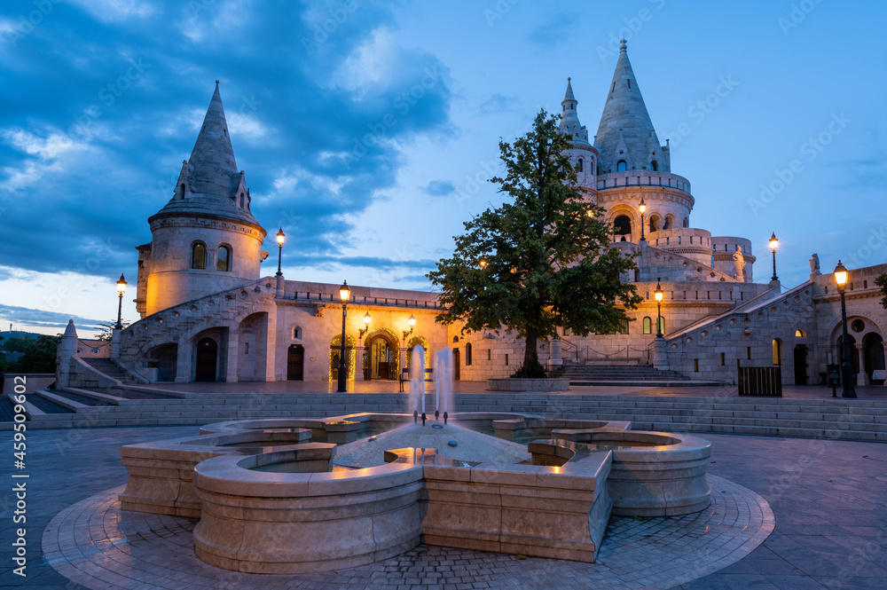 Fisherman Bastion during dusk in Budapest, Hungary
