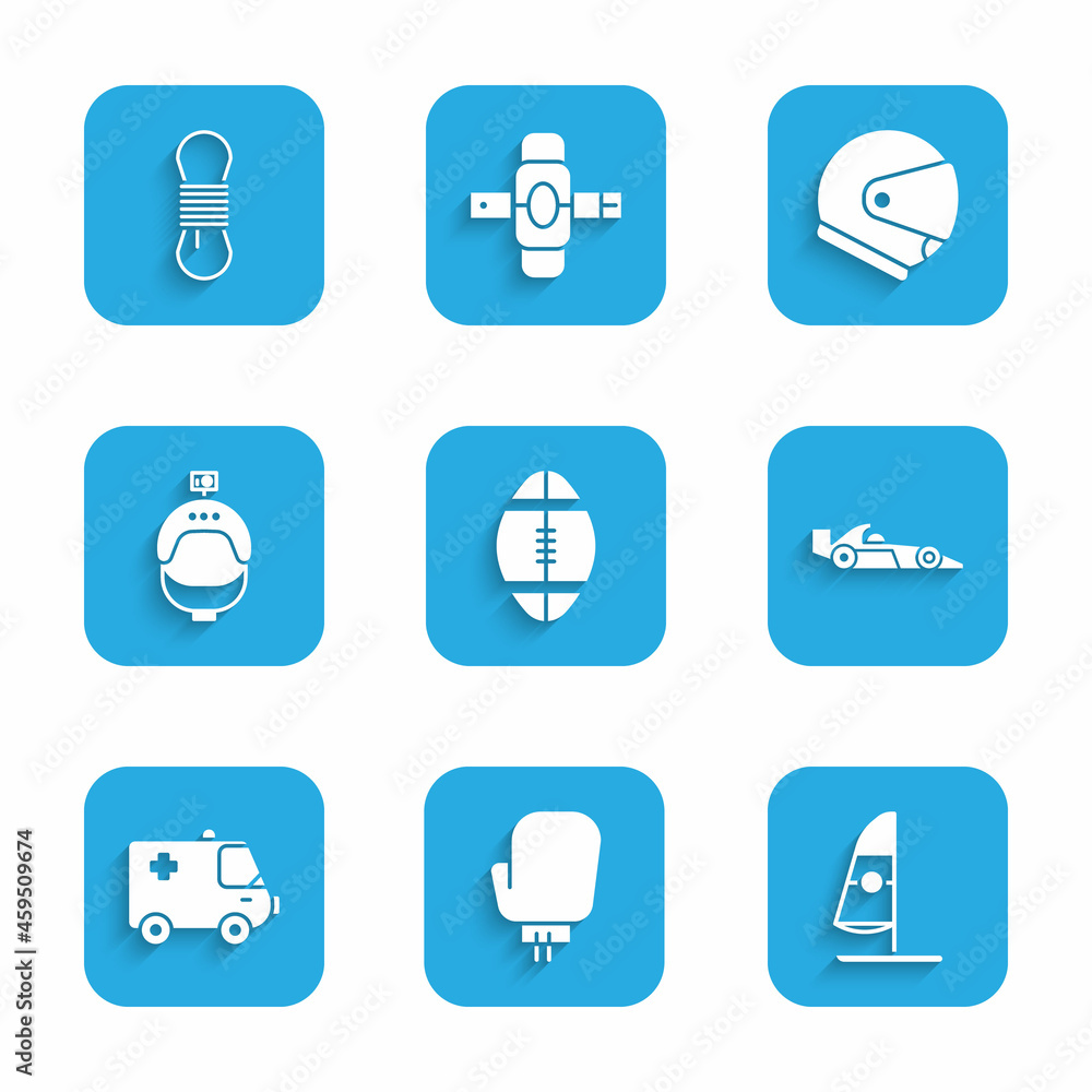 Set Rugby ball, Boxing glove, Windsurfing, Formula 1 racing car, Ambulance and emergency, Helmet action camera, and Climber rope icon. Vector Set Rugby ball, Boxing glove, Windsurfing, Formula 1 racing car, Ambulance and emergency, Helmet action camera, and Climber rope icon. Vector