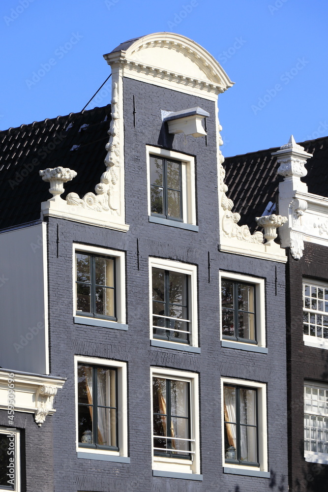 Amsterdam Traditional Canal House Facade Detail with Sculpted Neck Gable, Holland