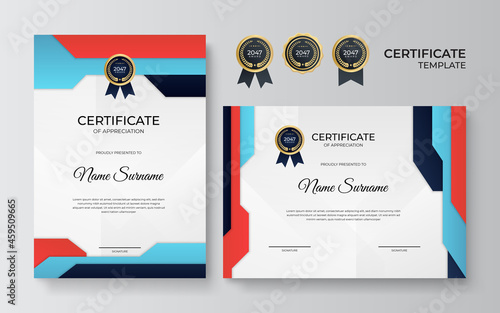 Modern elegant diploma certificate template. Clean modern certificate with gold badge. Certificate border template with luxury and modern line pattern. Diploma vector template