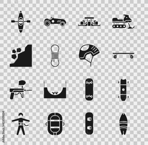 Set Surfboard, Longboard or skateboard, Formula 1 racing car, Climber rope, Landslide, Kayak canoe and Helmet icon. Vector