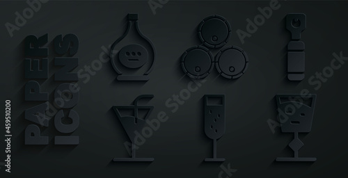 Set Glass of champagne, Bottle opener, Cocktail, Wine glass, Wooden barrels and cognac or brandy icon. Vector