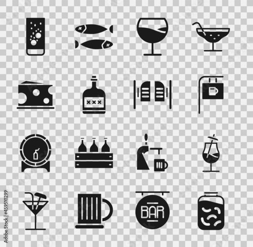 Set Pickled cucumbers in a jar, Cocktail, Street signboard with Bar, Wine glass, Alcohol drink Rum bottle, Cheese, Effervescent tablets water and Saloon door icon. Vector