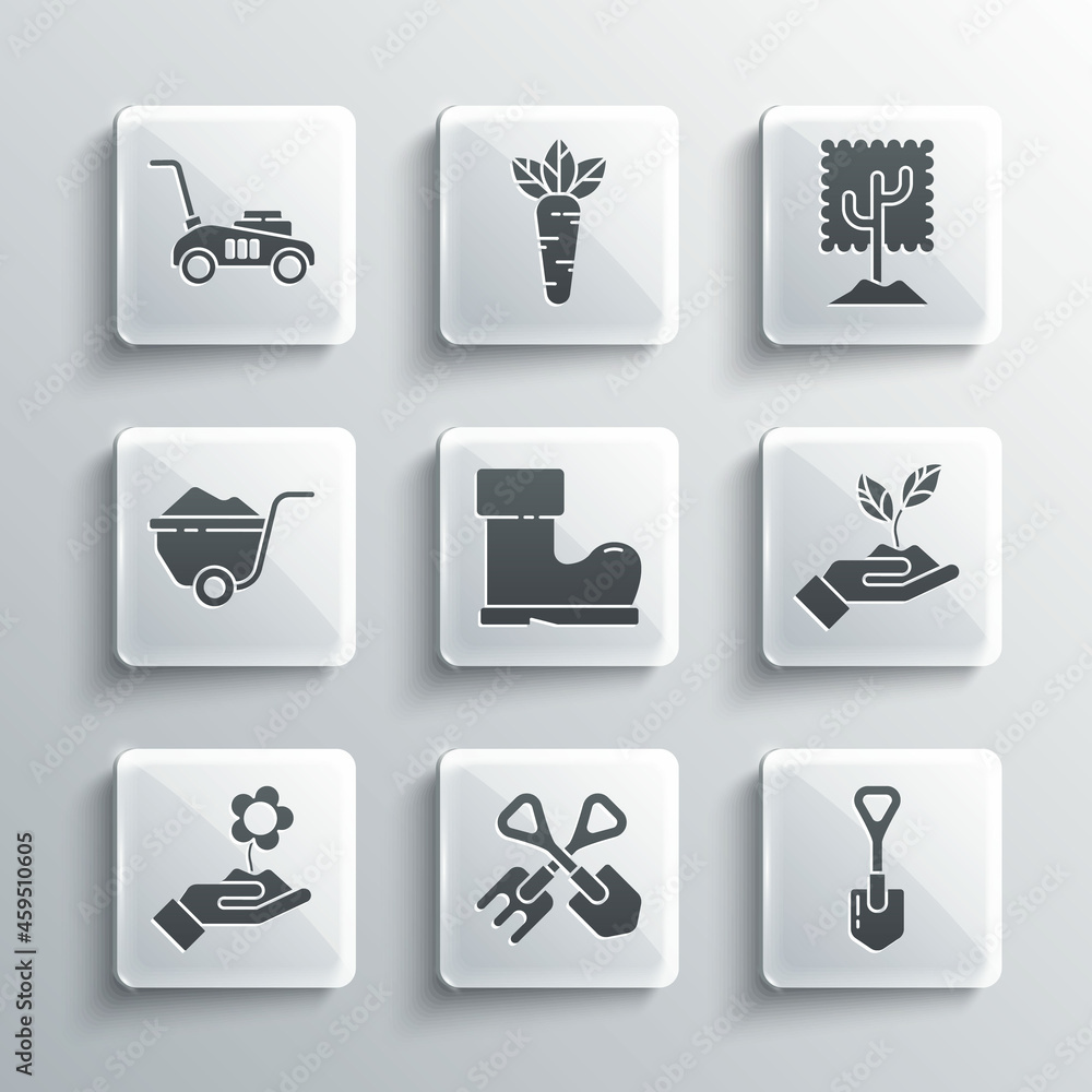 Set Shovel and rake, Plant in hand of environmental, Waterproof rubber boot, Hand holding flower, Wheelbarrow with dirt, Lawn mower and Tree icon. Vector Set Shovel and rake, Plant in hand of environmental, Waterproof rubber boot, Hand holding flower, Wheelbarrow with dirt, Lawn mower and Tree icon. Vector