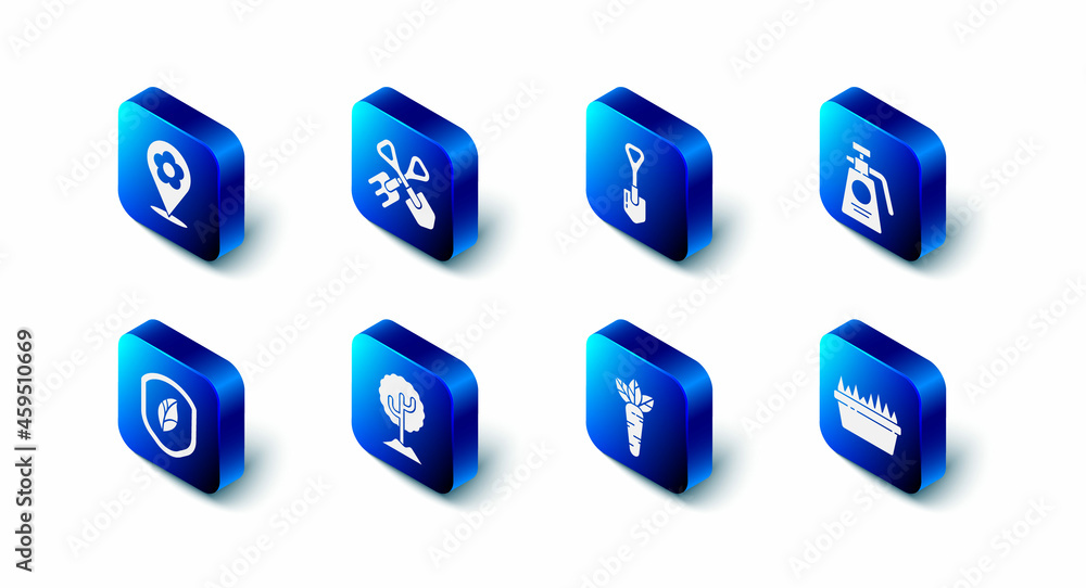 Set Shovel and rake, Garden sprayer for fertilizer, Fresh grass in rectangular, Carrot, Tree, Shield with leaf and Location flower icon. Vector Set Shovel and rake, Garden sprayer for fertilizer, Fresh grass in rectangular, Carrot, Tree, Shield with leaf and Location flower icon. Vector