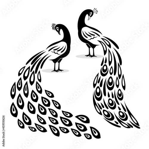 Peafowl silhouettes. Black peacock logo elements, peacoccks designs cuttings laser vector animals, monochrome peecoock templates with cute tail isolated on white
