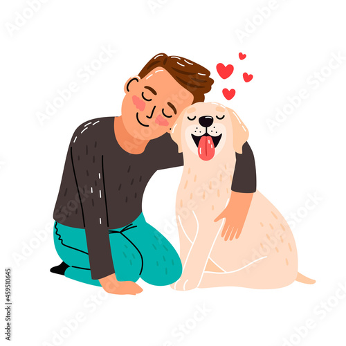 Boy pet love. Kid and dog vector illustration, children puppy friend, pup animal owner happy child cartoon vector illustration, little dogs playing image isolated on white