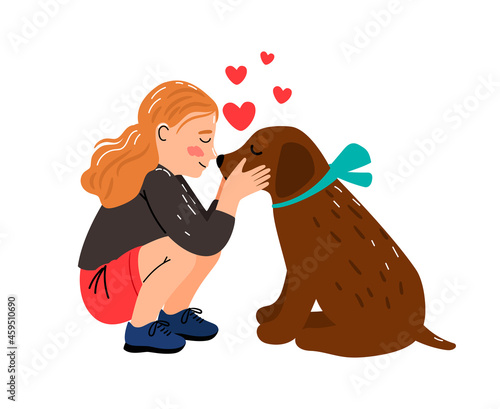 Girl dog love. Littl mistress hugging puppy vector illustration, cute child cuddle pet animal, children loving animals image, toddler hug pup isolated on white