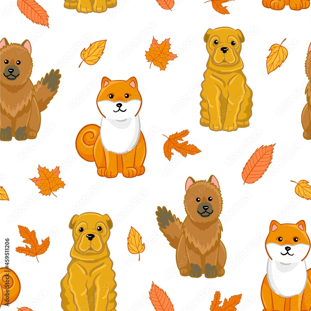 Fototapeta premium Autumn seamless pattern with dogs breed. Vector cartoon illustration with shiba inu, shar pei, german shepherd and fall leaves. Pattern for wrapping paper, nursery, print.