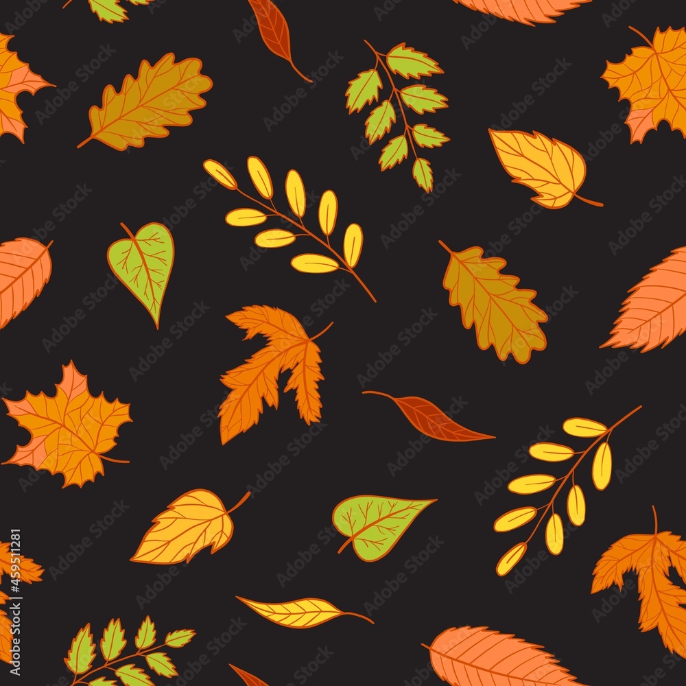 Fototapeta premium Autumn seamless pattern with colorful leaves. Vector cartoon illustration with maple, rowan, birch, chestnut leaf. Endless wrapping paper for print, wallpaper.