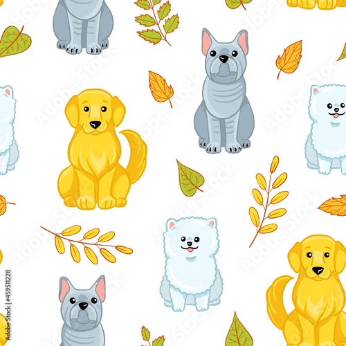 Autumn seamless pattern with dogs breed. Vector cartoon illustration with pomeranian, goldern retriever, bulldog and fall leaves. Pattern for wrapping paper, nursery, print.