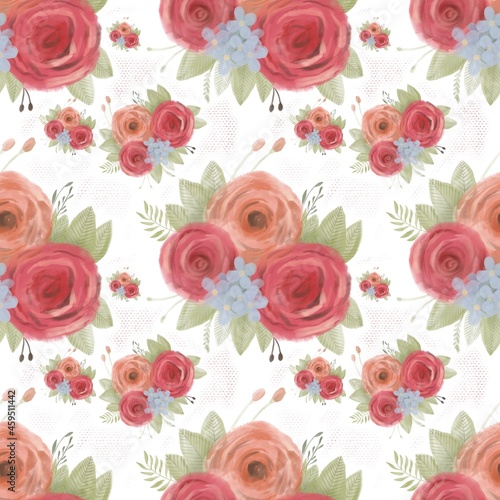 Roses seamless pattern with watercolor nature illustrations. Hand drawn elements: leaves, herbs, plant branches, fresh greens.