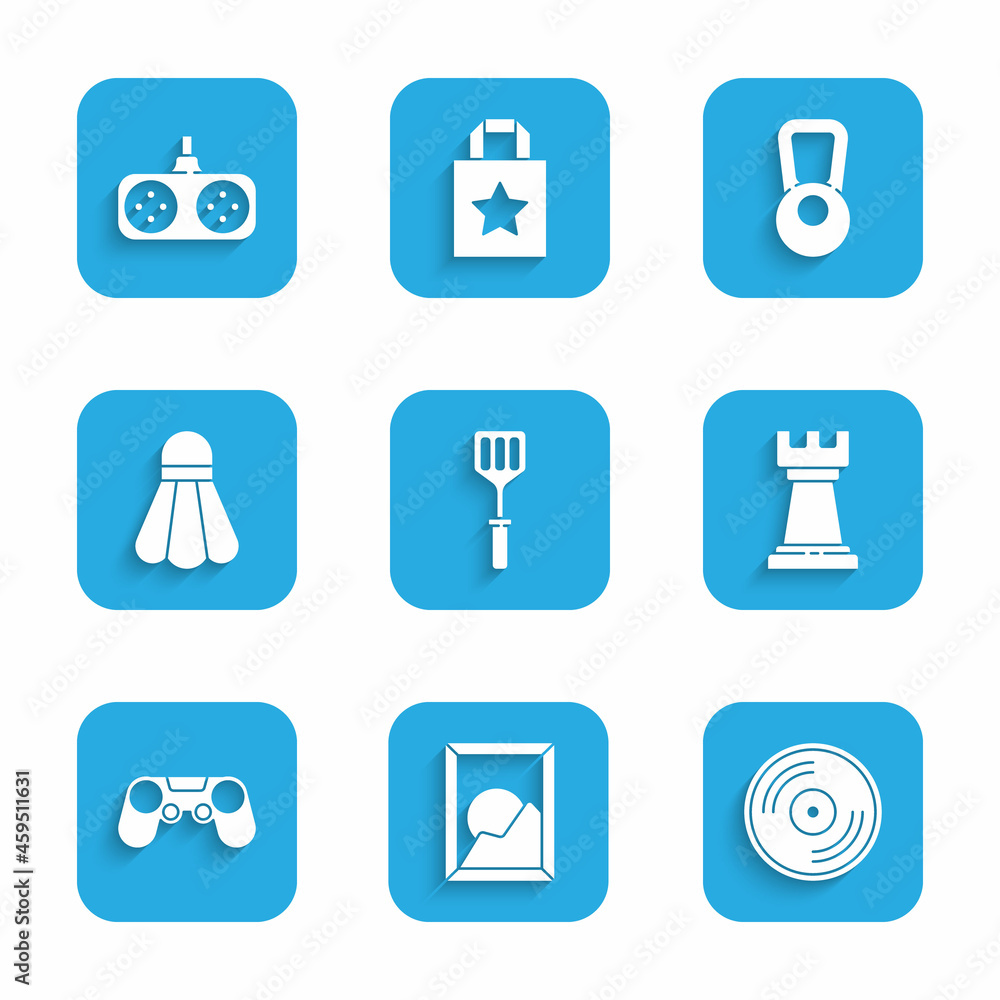 Set Spatula, Picture landscape, Vinyl disk, Business strategy, Gamepad, Badminton shuttlecock, Kettlebell and icon. Vector Set Spatula, Picture landscape, Vinyl disk, Business strategy, Gamepad, Badminton shuttlecock, Kettlebell and icon. Vector
