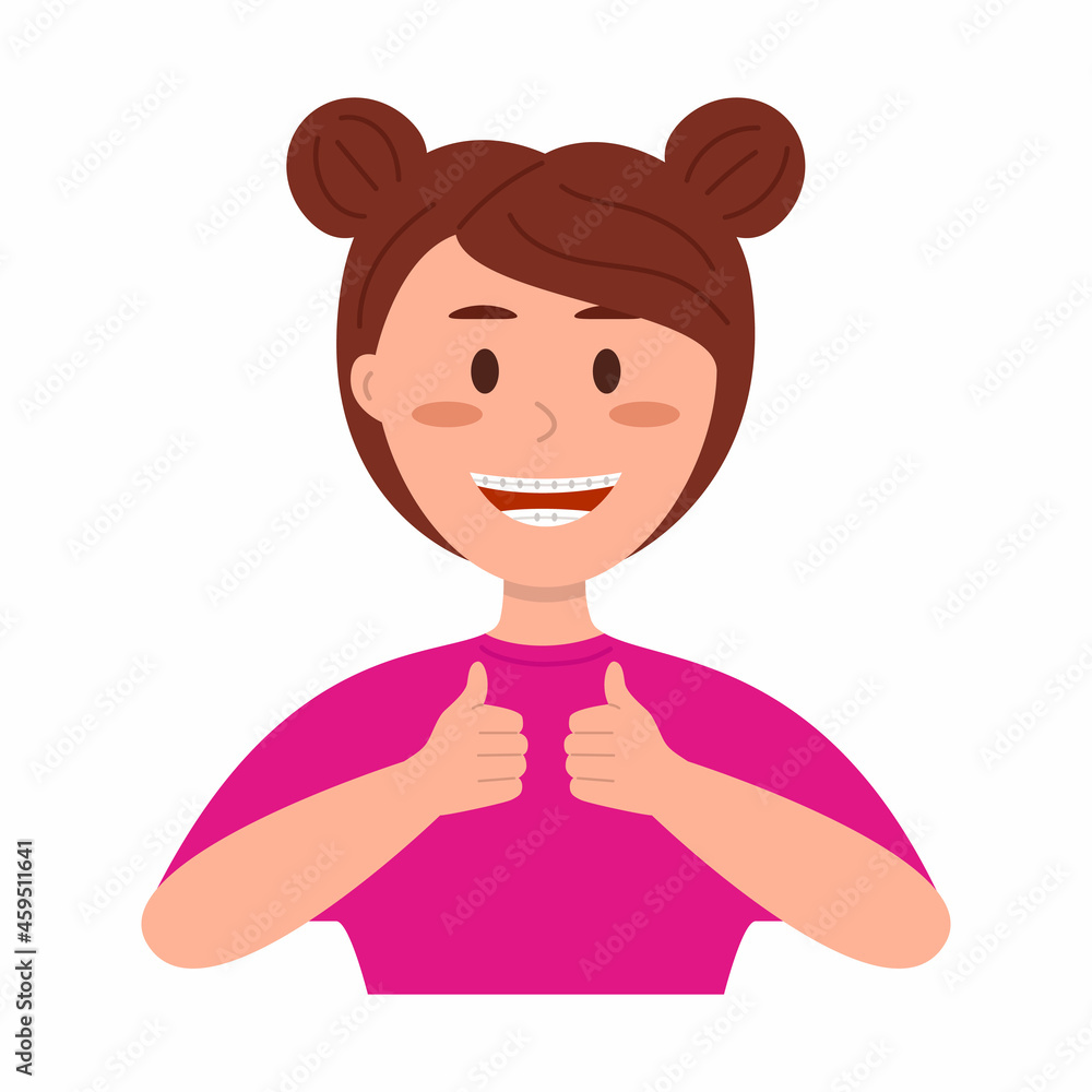 Teen girl with braces shows thumbs up Teen girl with braces shows thumbs up