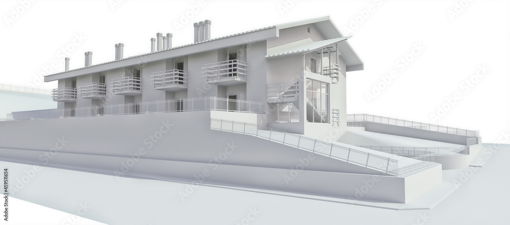 Obraz premium The condo for a small town or rural area. A small Motel, a hotel with a garage for guests. Exterior of a residential building on a white background. 3d rendering.