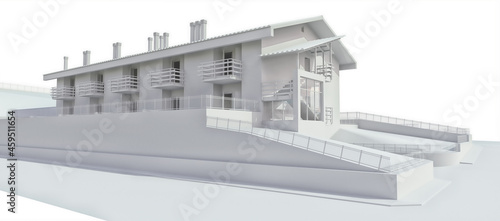 The condo for a small town or rural area. A small Motel, a hotel with a garage for guests. Exterior of a residential building on a white background. 3d rendering.