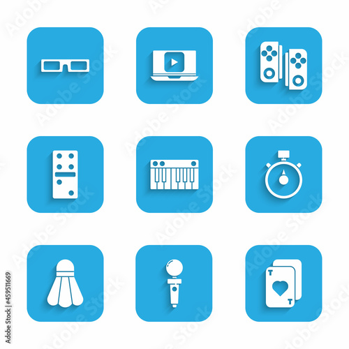 Set Music synthesizer, Joystick for arcade machine, Playing cards, Stopwatch, Badminton shuttlecock, Domino, Gamepad and Cinema glasses icon. Vector