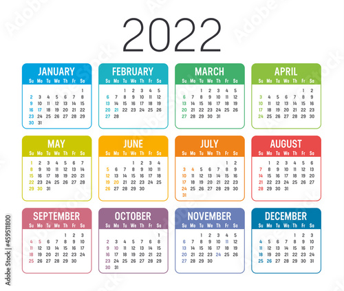 Colorful year 2022 calendar  isolated on white background. Vector template.