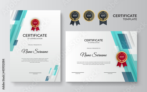 Certificate of appreciation template, gold and blue green color. Clean modern certificate with gold badge. Certificate border template with luxury and modern line pattern. Diploma vector template