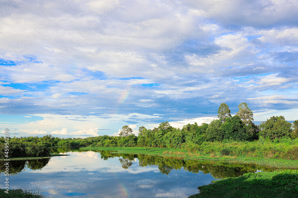 Fototapeta premium lake landscape with sky and cloud background
