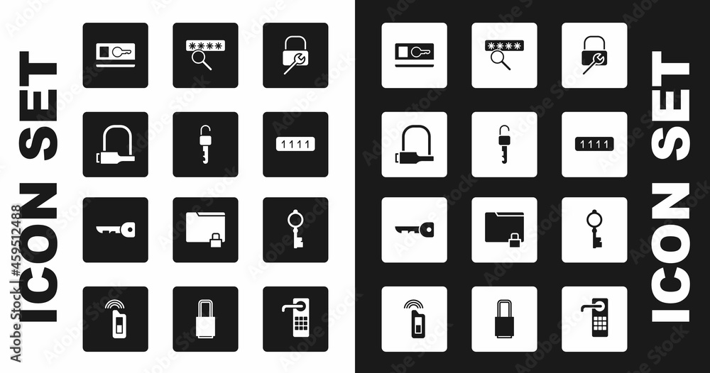 Set Lock repair, Unlocked key, Bicycle, Key card, Password protection, Old and icon. Vector Set Lock repair, Unlocked key, Bicycle, Key card, Password protection, Old and icon. Vector