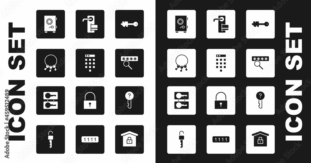 Set Old key, Password protection, Bunch of keys, Safe, Digital door lock, Undefined and Casting icon. Vector Set Old key, Password protection, Bunch of keys, Safe, Digital door lock, Undefined and Casting icon. Vector